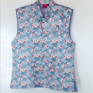 Ethos Elite vintage light blue floral silk vest w/pink flowers & gold buttons